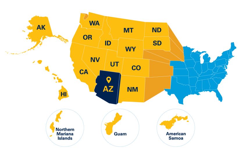 A map of WUE eligible states, including: AK, WA, MT, ND, OR, ID, WY, SD, NV, UT, CO, CA, NM, NM, Northern Marian islands, Guam, and American Samoa.