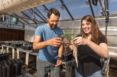 NAU student and faculty carefully hold a plant in a greenhouse space for a research project.
